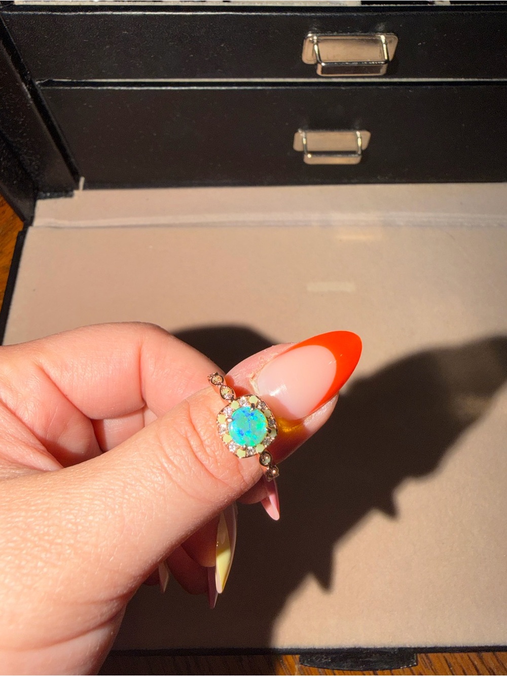 Opal Halo Ring in Blue-Green with Gold Accents